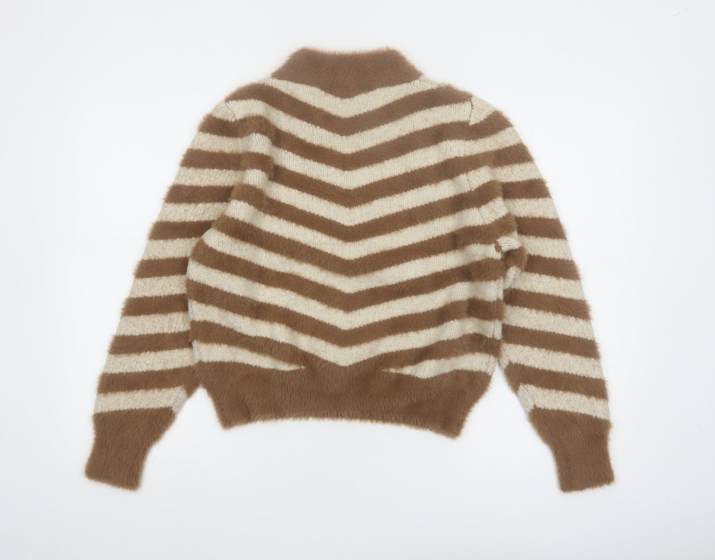 Warehouse Women’s Beige Striped High Neck Long Sleeve Jumper Size 10