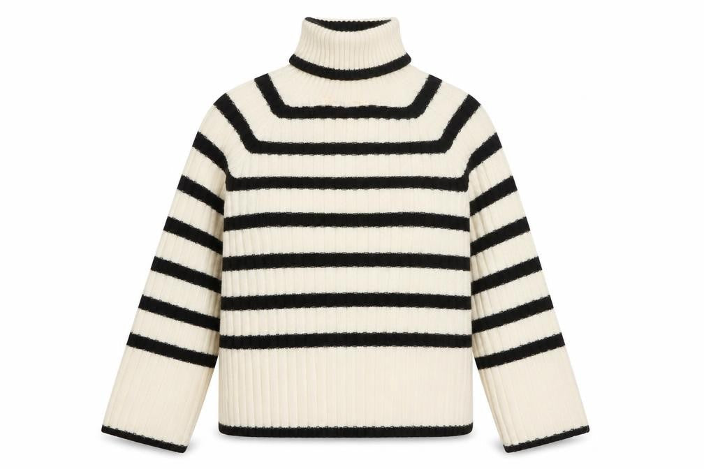 H&M Women's Ivory Black Striped Roll Neck Knitted Jumper Size 12