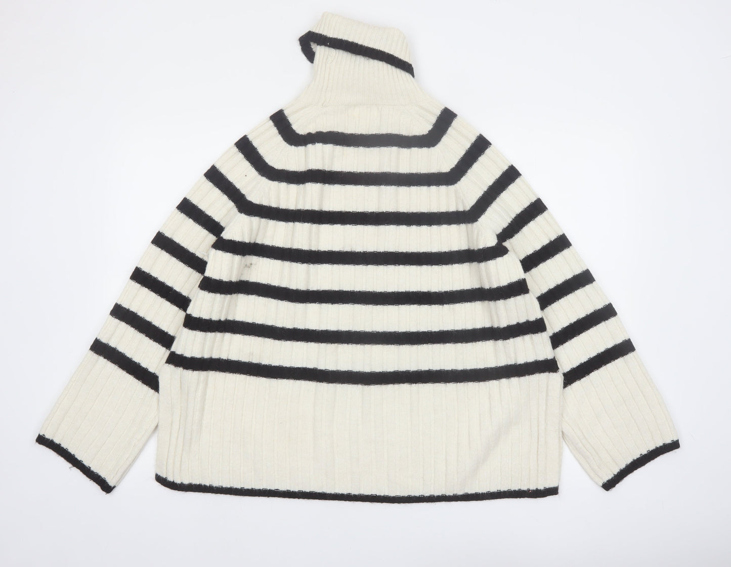 H&M Women's Ivory Black Striped Roll Neck Knitted Jumper Size 12