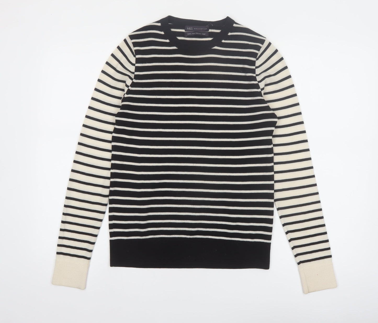 Marks and Spencer Womens Black Striped Merino Wool Jumper Size 8
