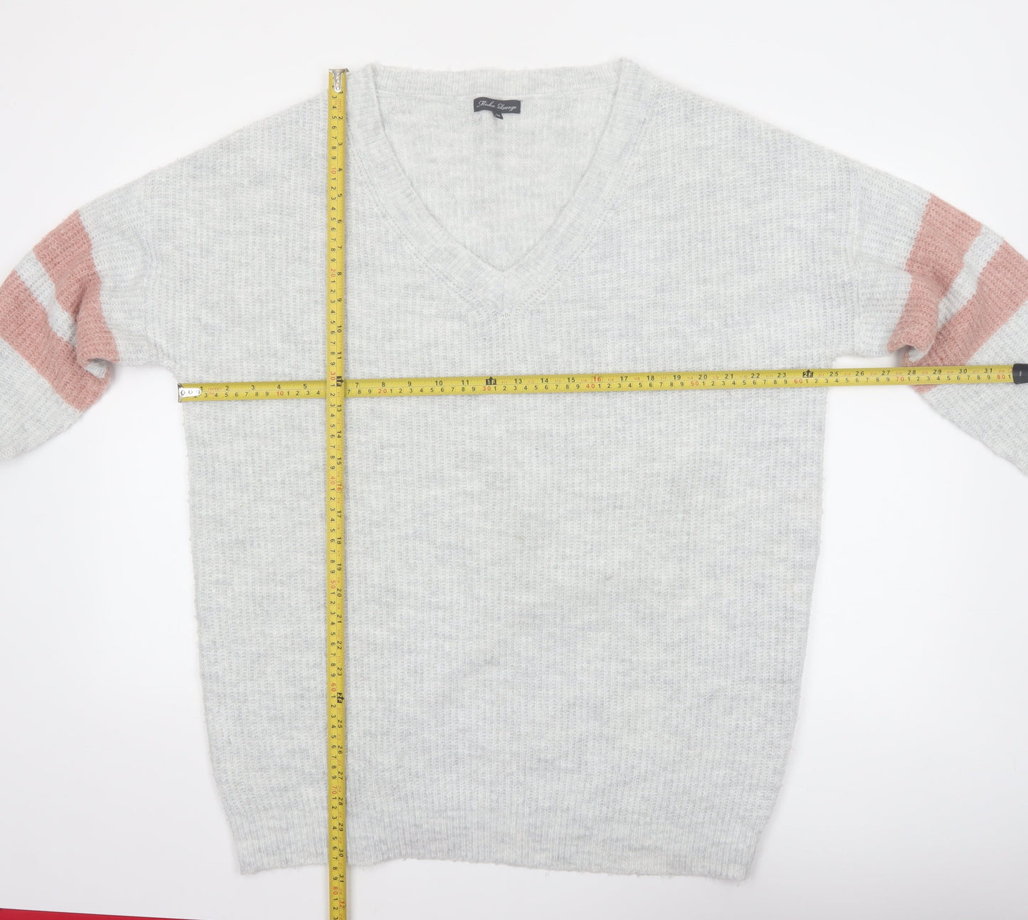 Micha Lounge Women Grey Pink V-Neck Long Sleeve Knit Jumper Size M