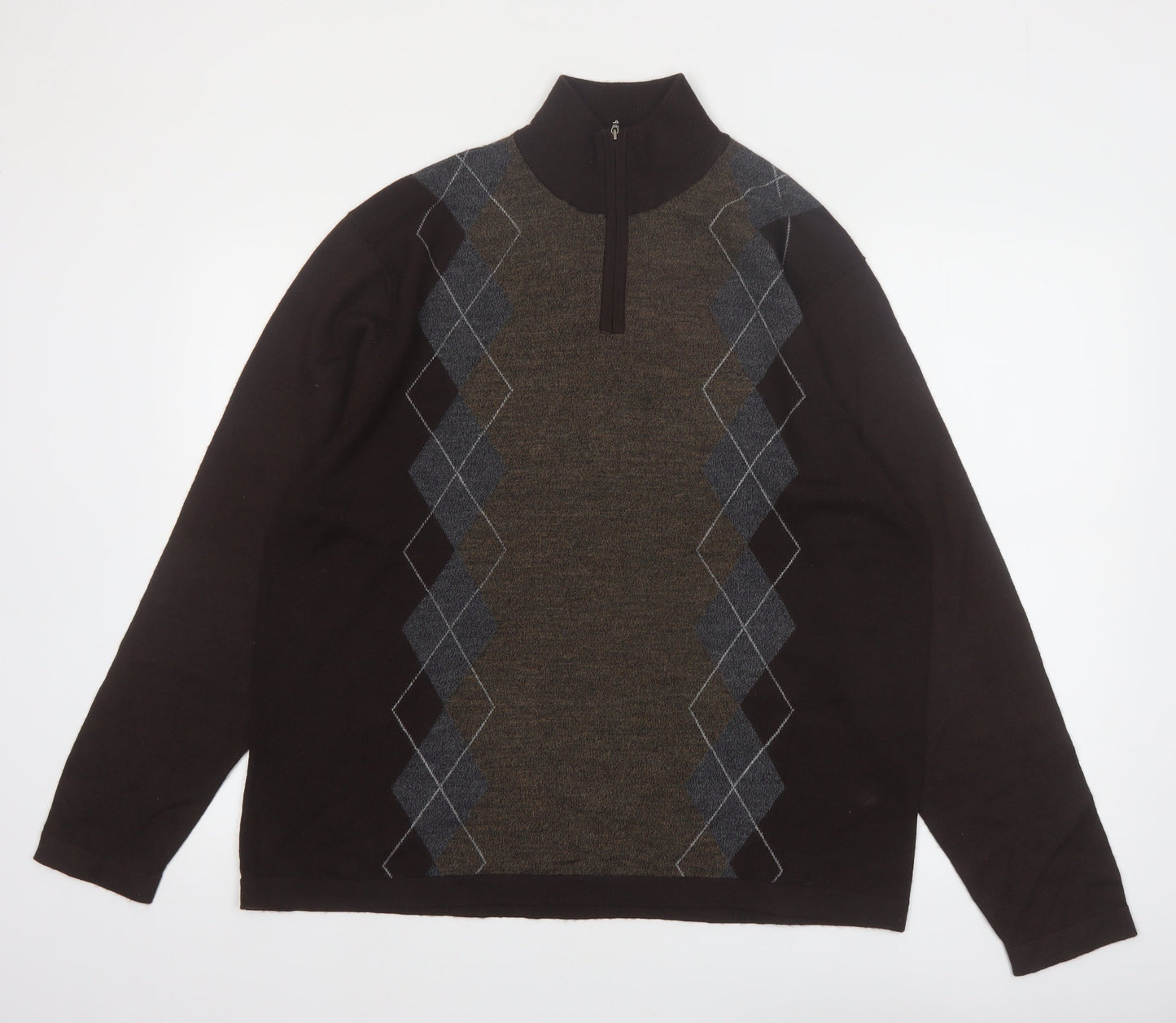 Alfani Men’s Brown Argyle 1/4 Zip High Neck Wool Jumper L