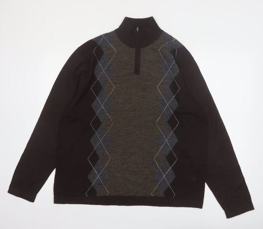Alfani Men’s Brown Argyle 1/4 Zip High Neck Wool Jumper L