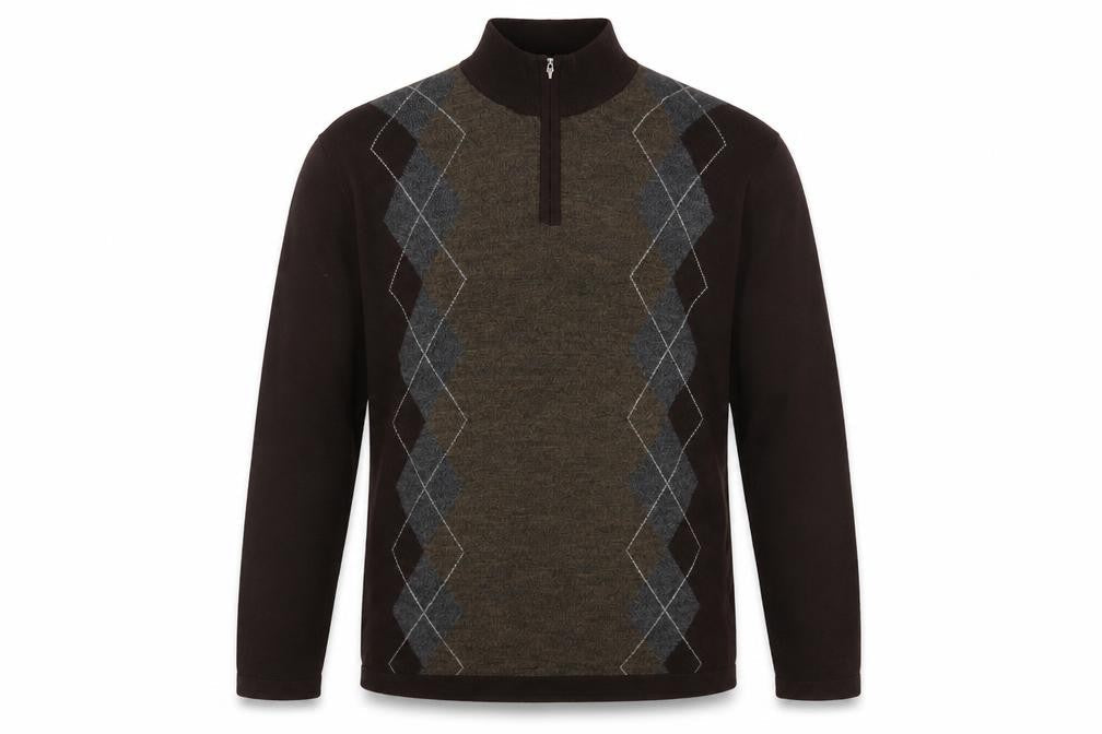 Alfani Men’s Brown Argyle 1/4 Zip High Neck Wool Jumper L
