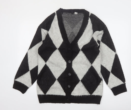 H&M Divided Women's Black & Grey Argyle Knit Cardigan Size 8