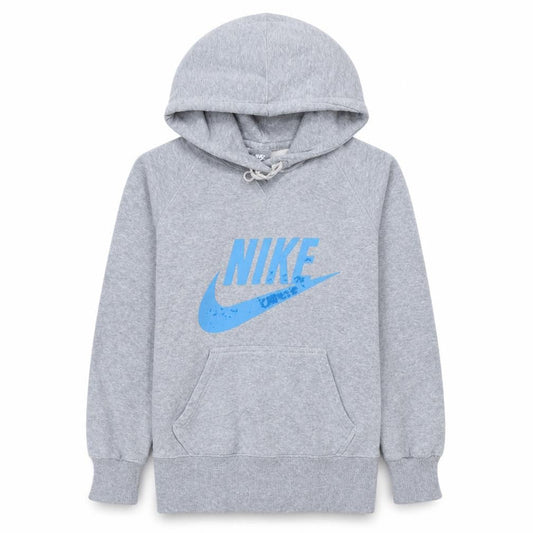 Front view of Nike girls’ grey hoodie m graphic pullover 100% cotton sportswear