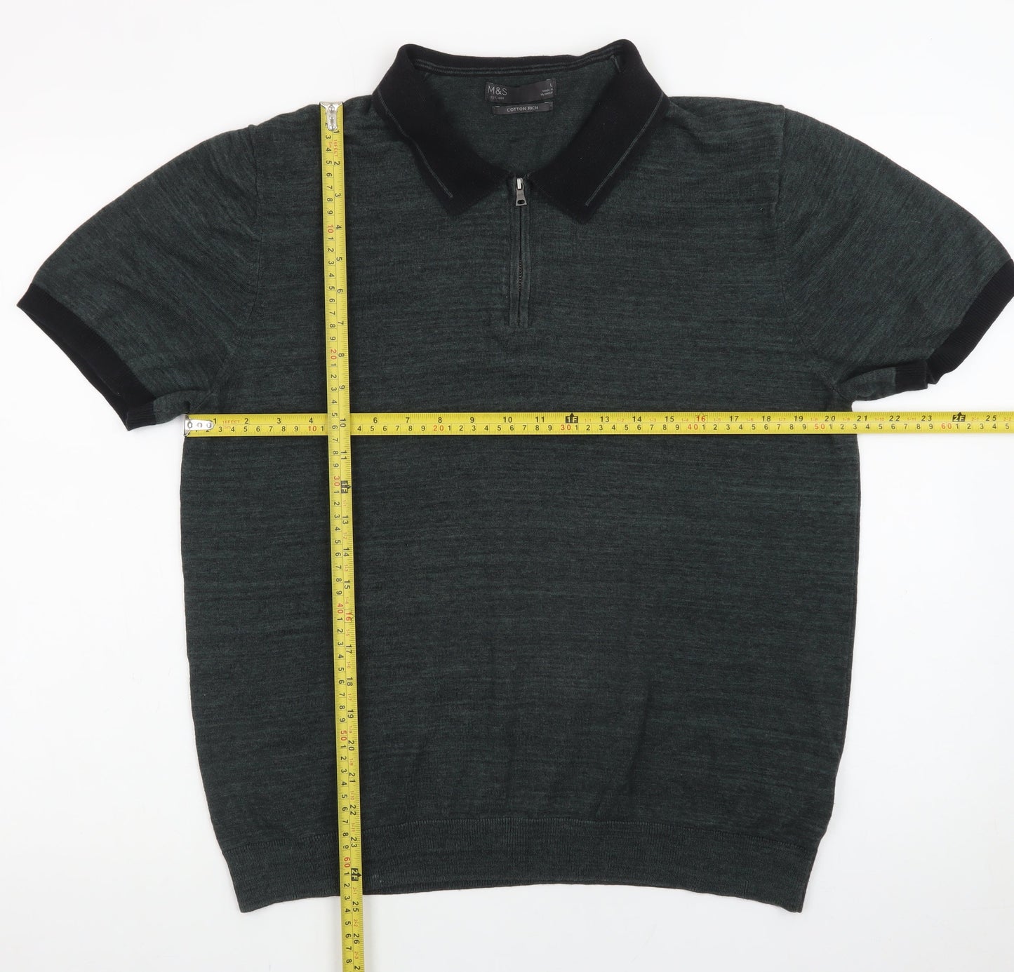 Marks and Spencer Men's Green XL Zip Neck Cotton Polo Shirt