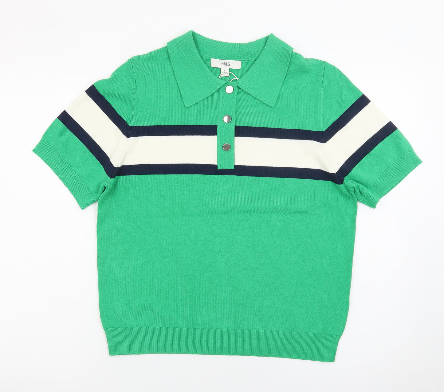 Marks and Spencer Men's Green Colourblock Knit Polo Shirt L