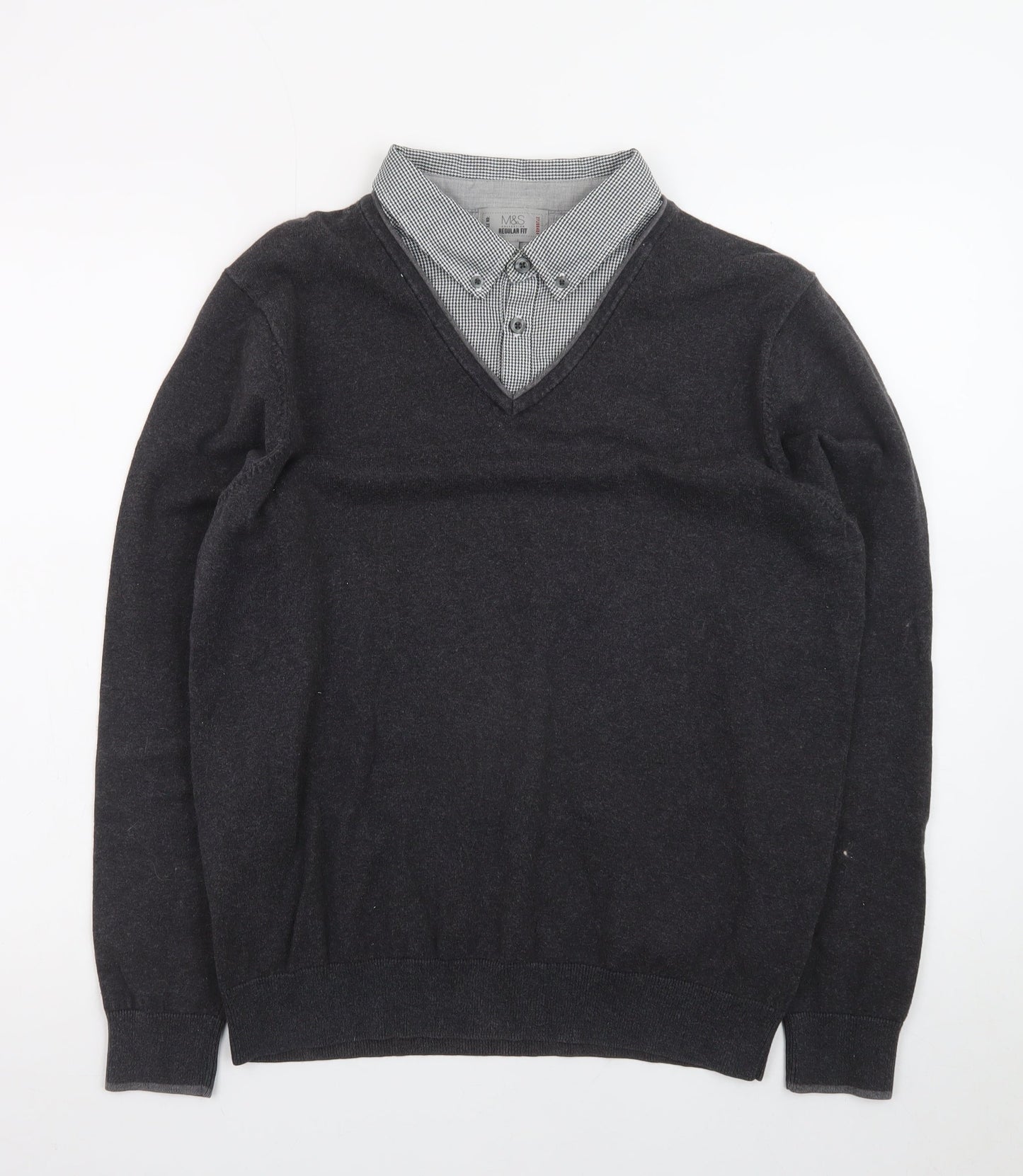 Marks and Spencer Men's Grey V-Neck Regular Fit Jumper M