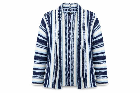 Front view of Roman Petite Blue Striped Knit Cardigan Women, size 16