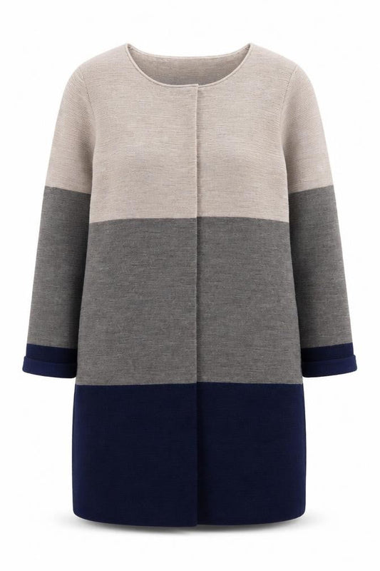 Paul Costelloe Women Beige Grey Navy Colour Block Long Cardigan UK 14
