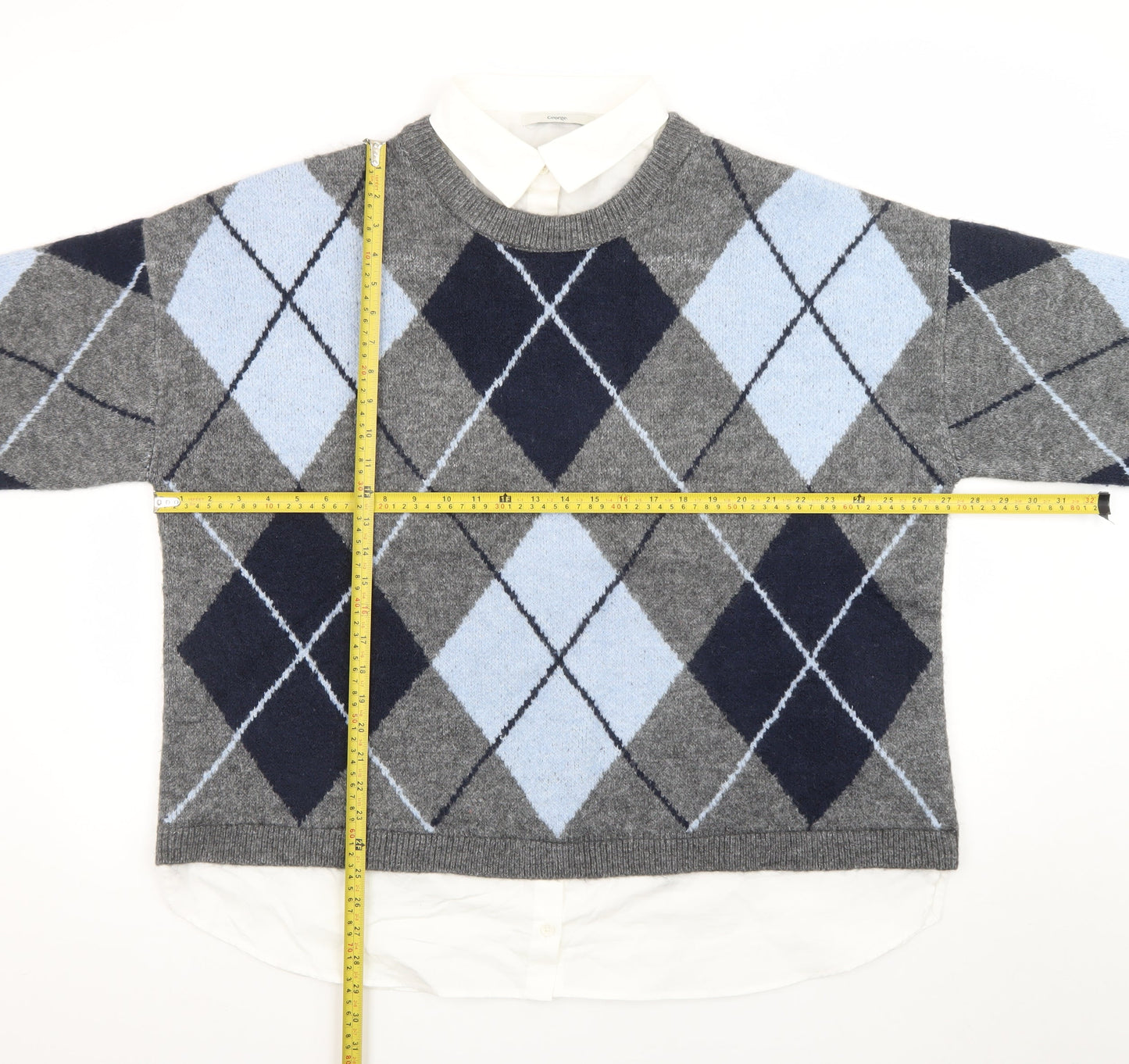 George Women's Grey Argyle Crew Neck Wool Blend Jumper XL