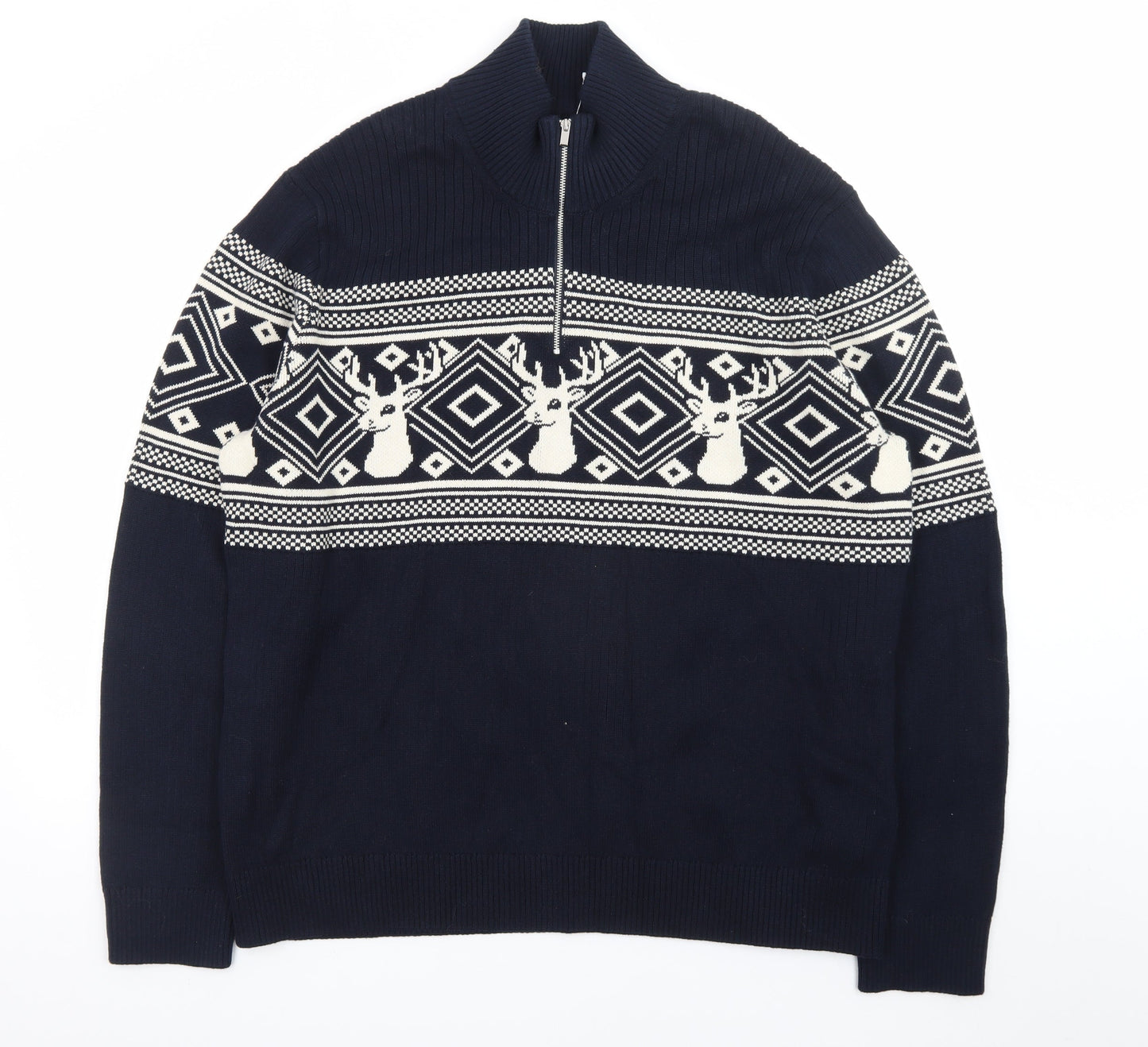 Marks and Spencer Men's Blue 2XL 1/2 Zip Cotton Christmas Jumper