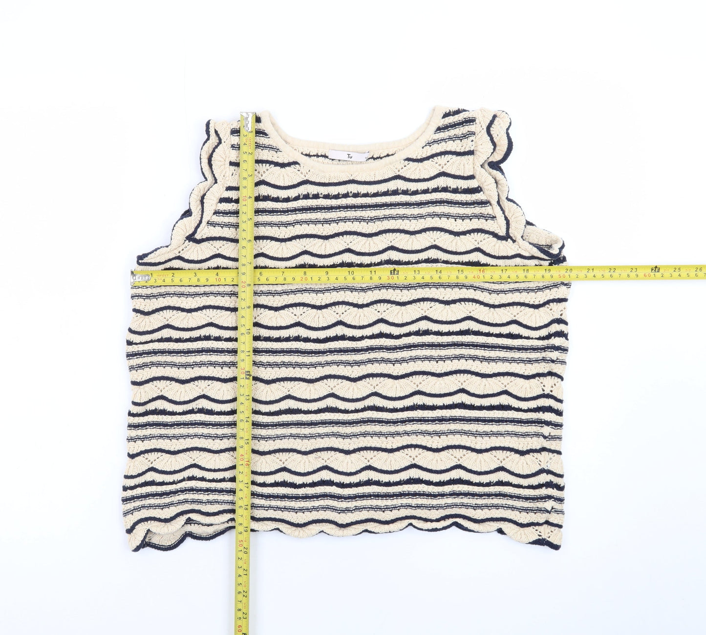 Tu Women’s Beige Striped Knit Sleeveless Pullover Jumper Size 14