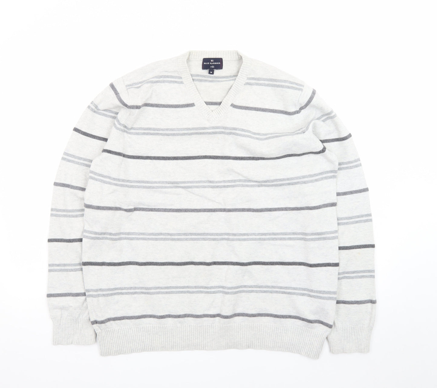 Marks and Spencer Blue Harbour Women's Grey Striped V-Neck Jumper Size M
