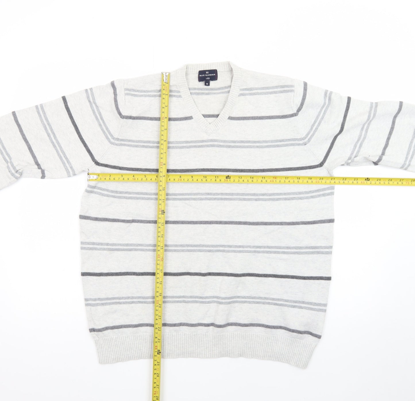 Marks and Spencer Blue Harbour Women's Grey Striped V-Neck Jumper Size M