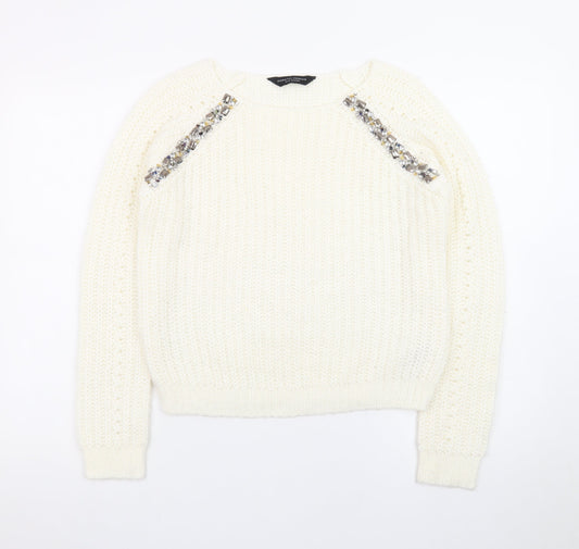 Dorothy Perkins Women Ivory Beaded Knit Jumper Size 10