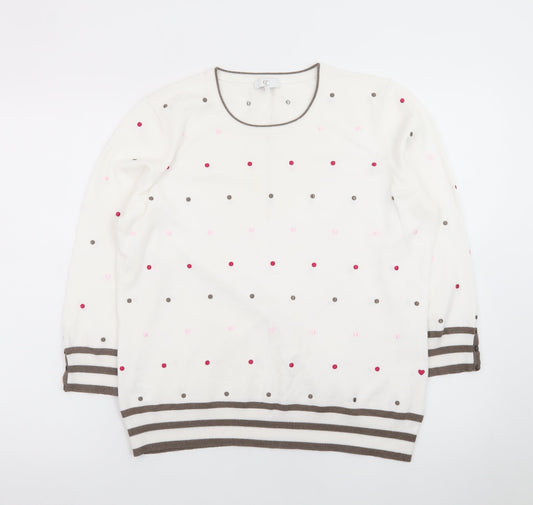 CC Womens Ivory Polka Dot Knit Jumper L Crew Neck 3/4 Sleeve