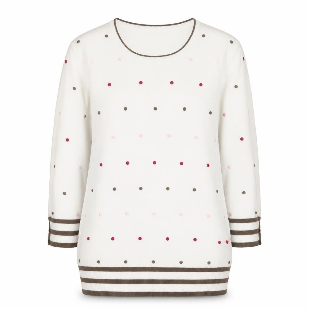 Country Casuals Womens Ivory Polka Dot Knit Jumper L Crew Neck 3/4 Sleeve