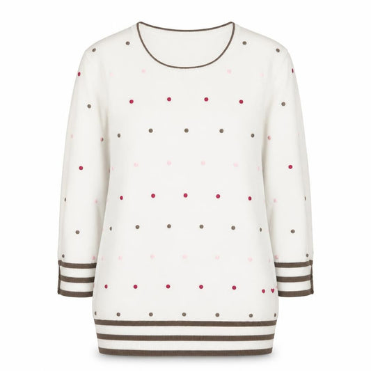Country Casuals Womens Ivory Polka Dot Knit Jumper L Crew Neck 3/4 Sleeve