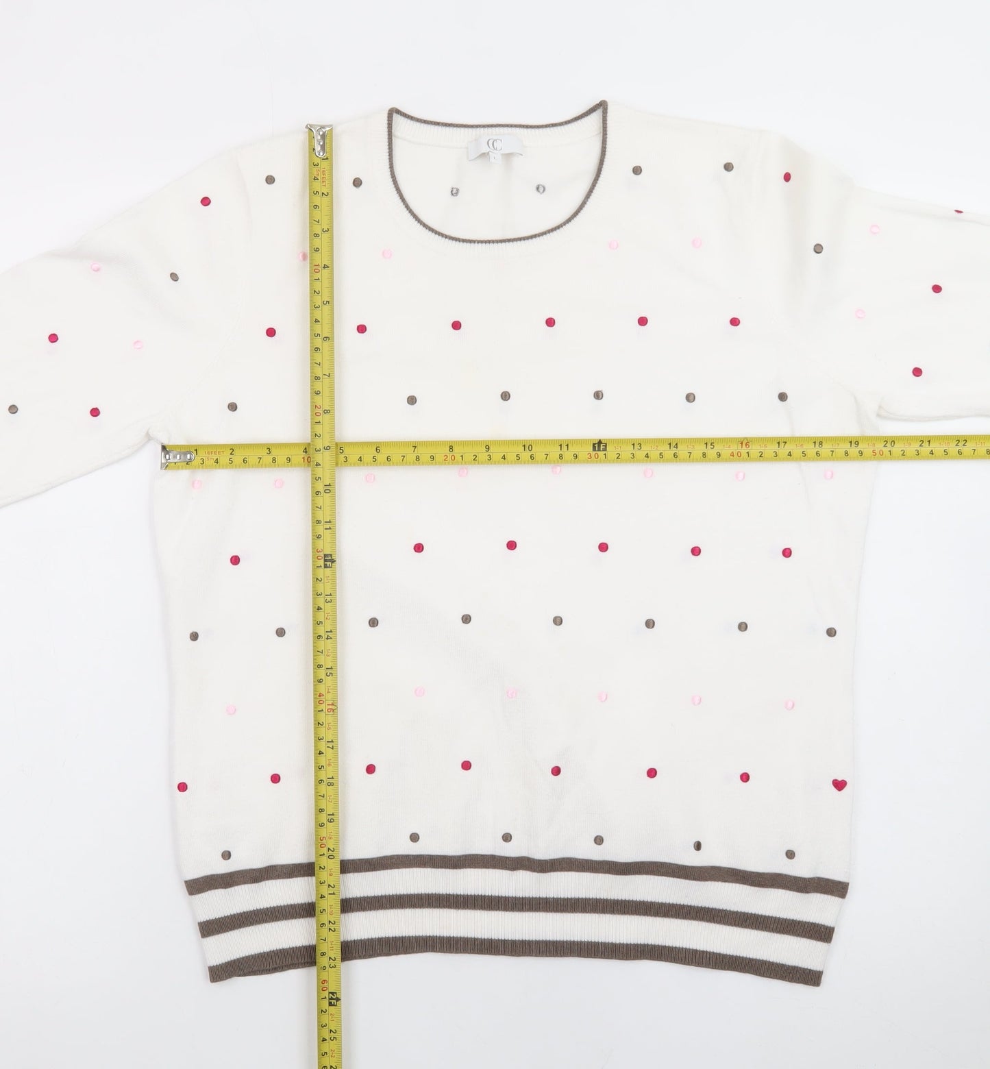 CC Womens Ivory Polka Dot Knit Jumper L Crew Neck 3/4 Sleeve