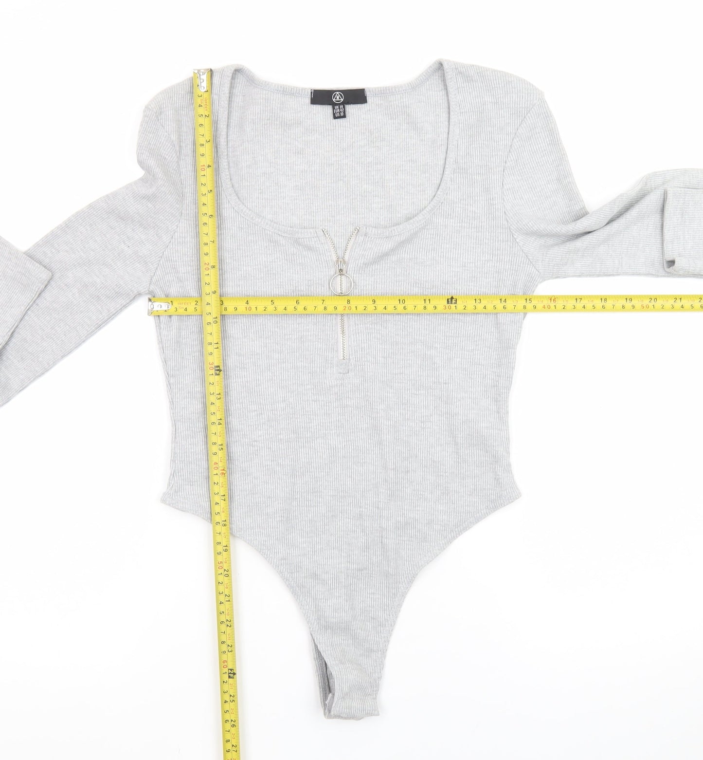 Primark Women’s Grey Long Sleeve Zip Scoop Neck Bodysuit Size 14
