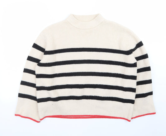 Zara Women Beige Stripe Mock Neck Knit Jumper Size S