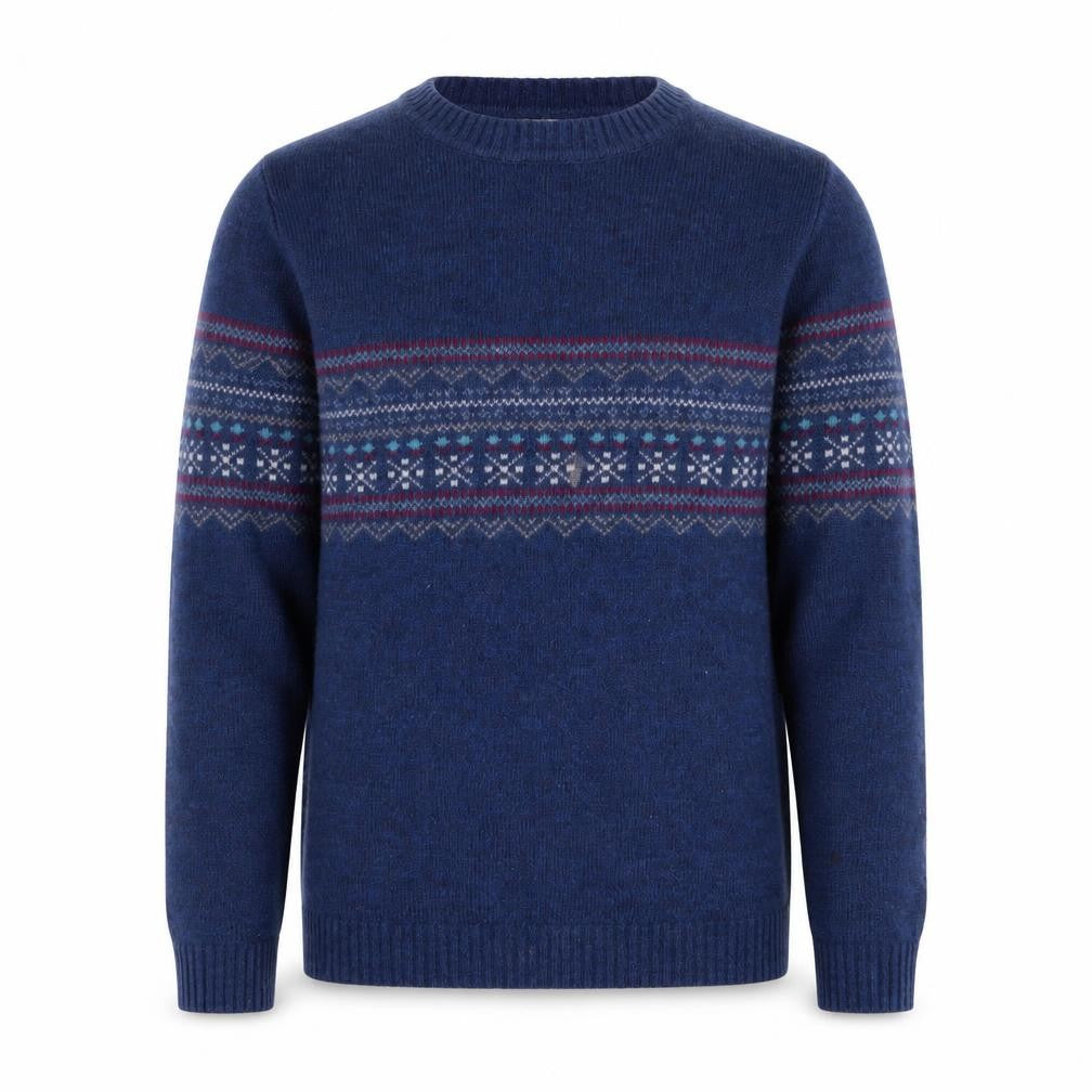 Melka Men's Blue Fair Isle Lambswool Crew Neck Jumper Size S