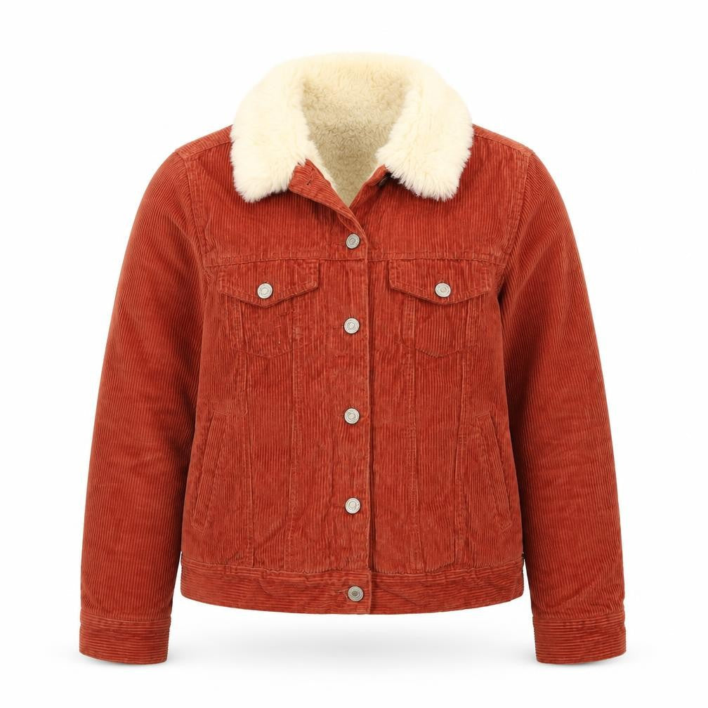 Denim Co. Womens Brown Corduroy Faux Fur Collar Jacket Size 12
