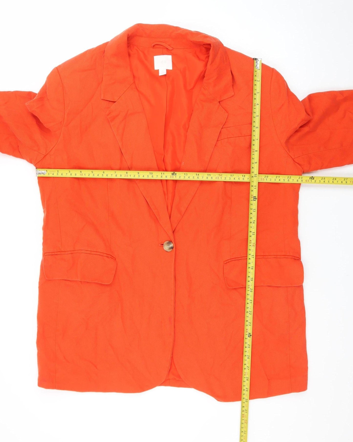 H&M Women Orange Cotton Blazer Size 16 Regular Fit Mid-Length