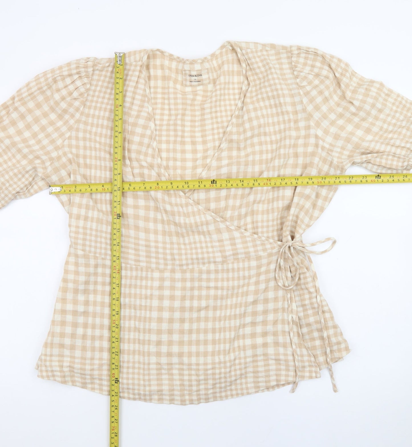 Marks and Spencer Women Beige Check Linen Blend Wrap Blouse Size 16
