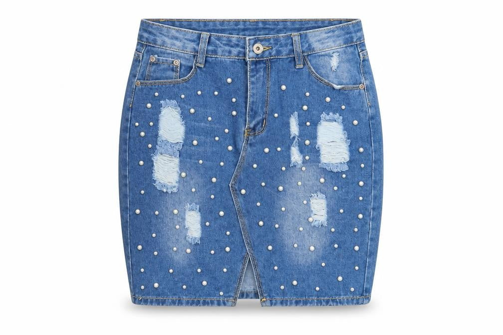 Cherry Koko Women Blue Denim Beaded Distressed Pencil Skirt L