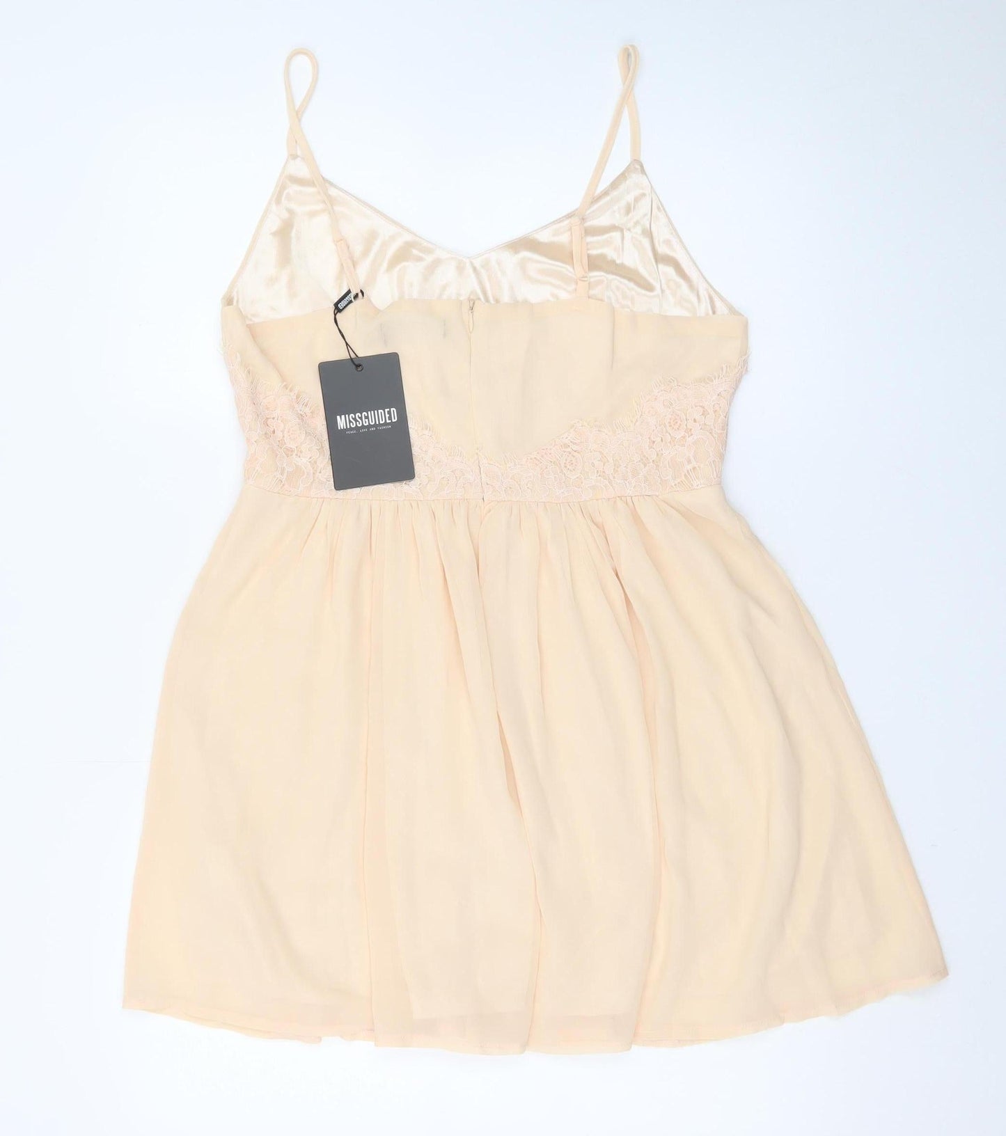 Missguided Women Beige Lace Slip Dress Size 8 Short V-Neck Chiffon