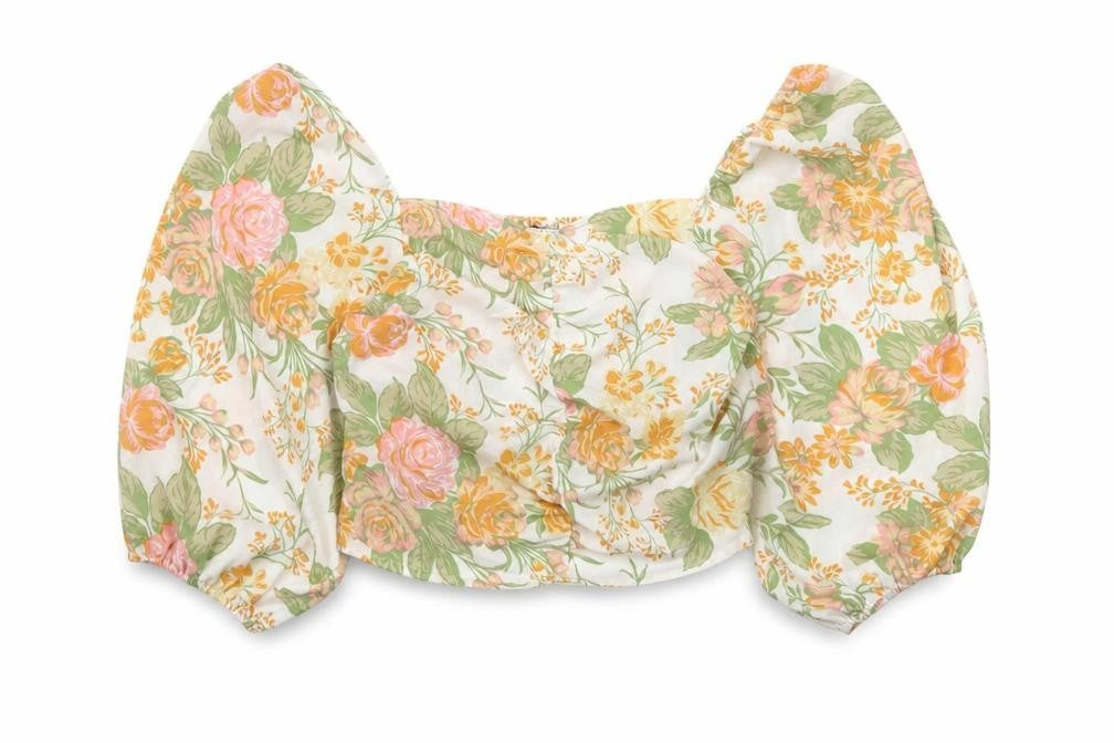 Monki Women’s Multicoloured Floral Cropped Blouse Size 16 Puff Sleeve