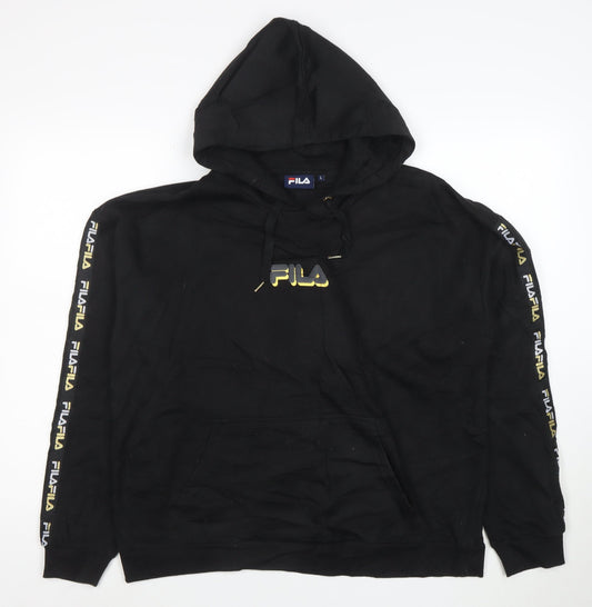 FILA Mens Black Pullover Hoodie L Logo Sports Fleece Sweatshirt