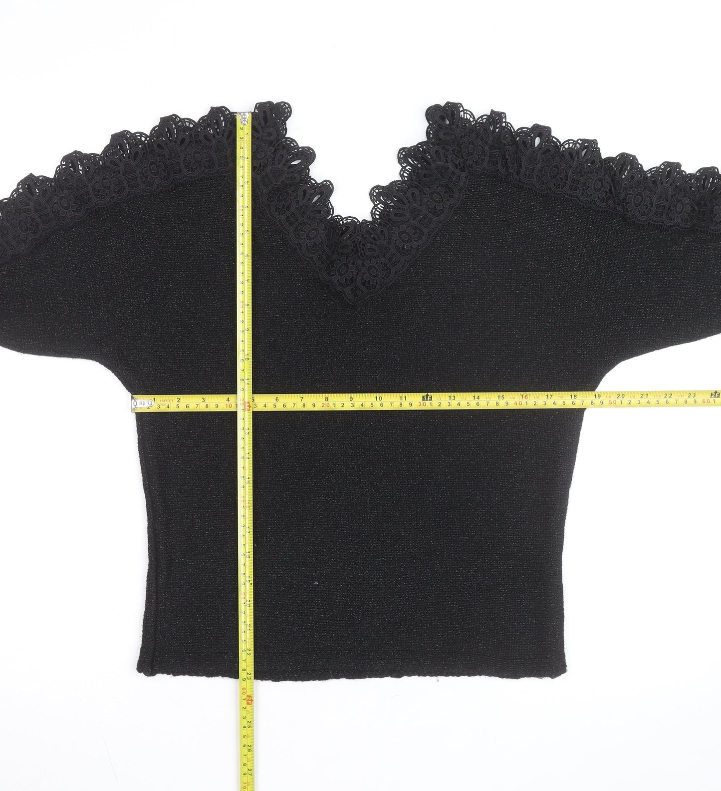 Wild Flower Women's Black V-Neck Lace Trim Knit Jumper Size M