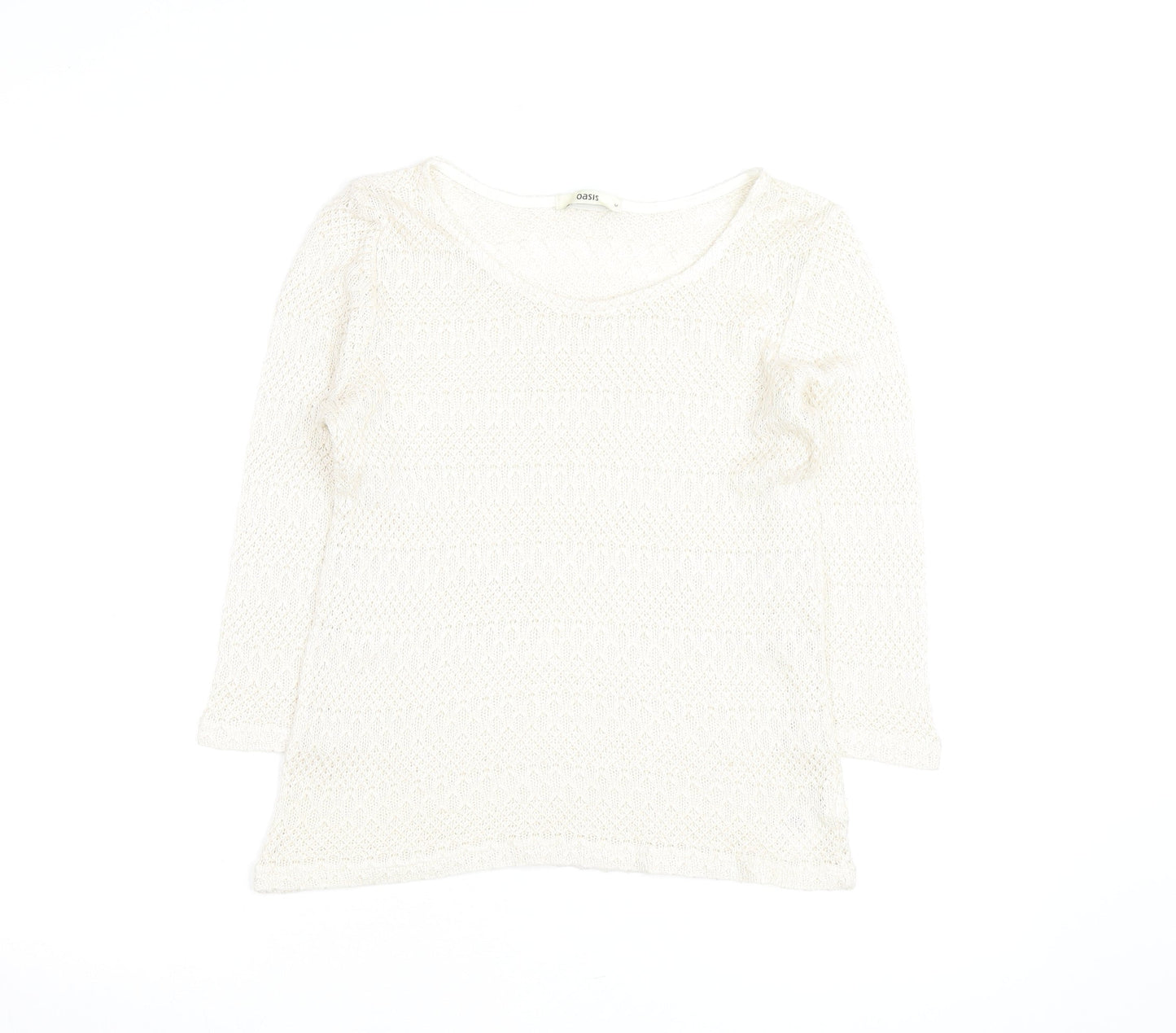 Oasis Women Ivory Open-Knit Scoop Neck 3/4 Sleeve Jumper Size M