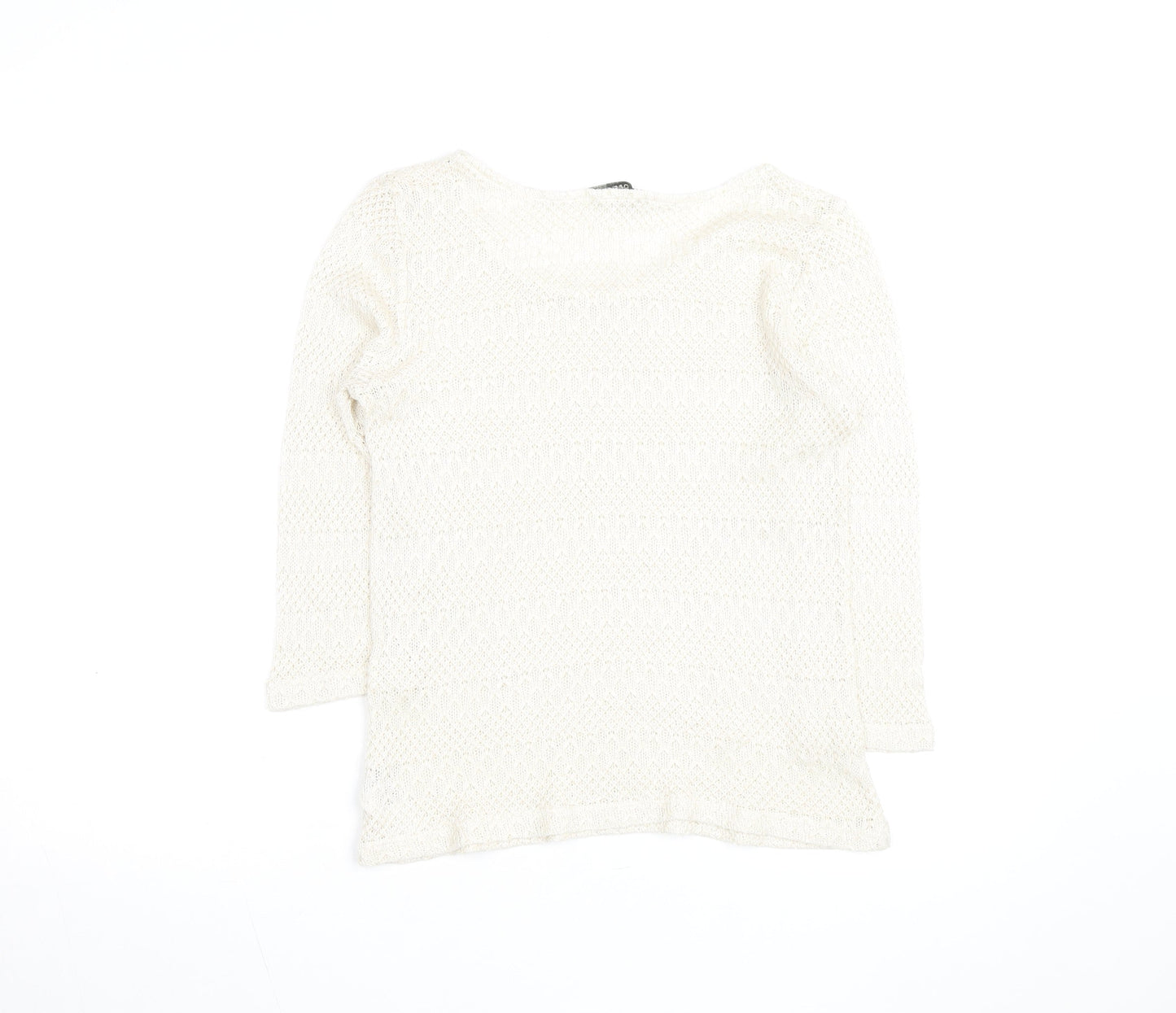 Oasis Women Ivory Open-Knit Scoop Neck 3/4 Sleeve Jumper Size M