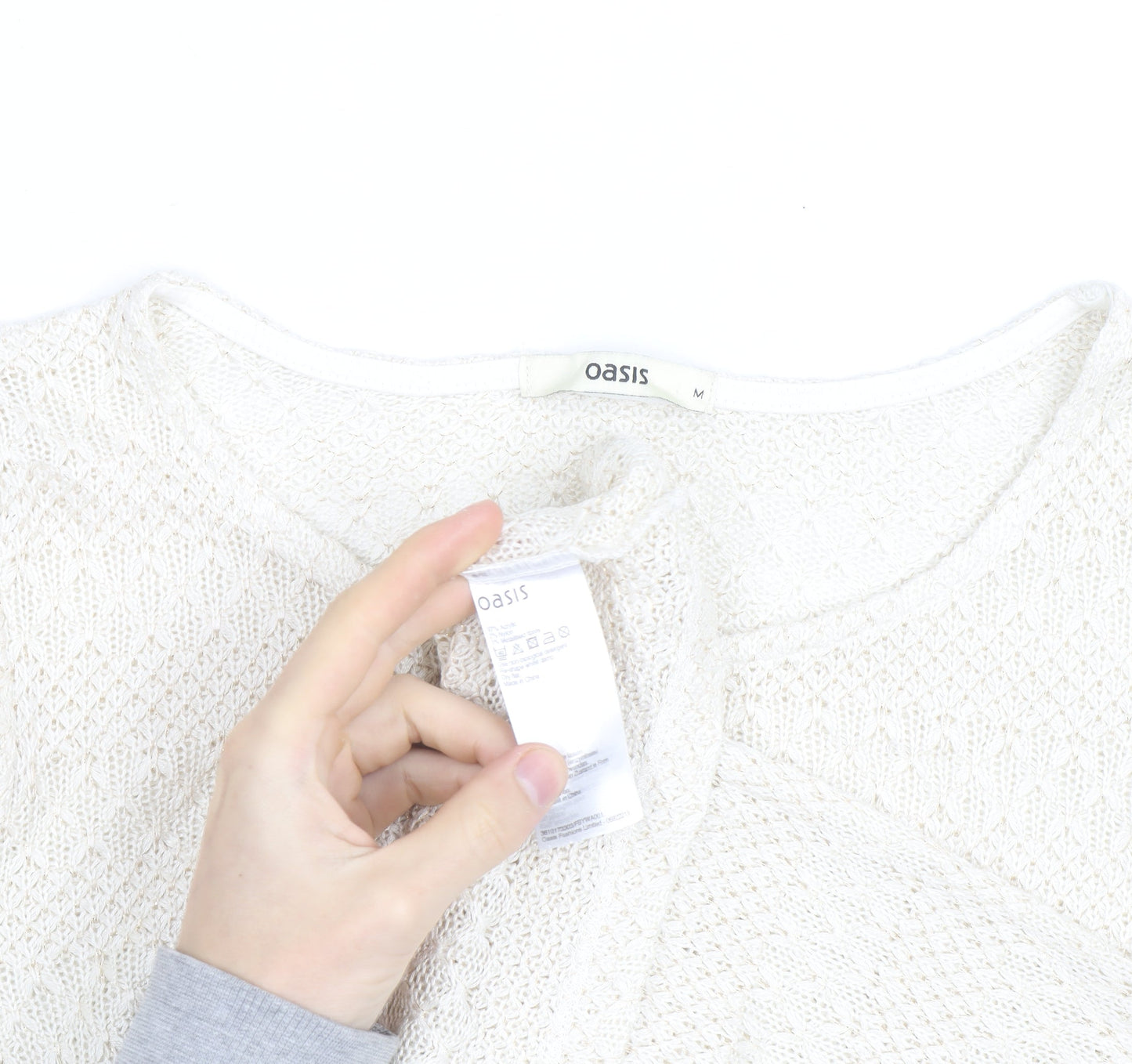 Oasis Women Ivory Open-Knit Scoop Neck 3/4 Sleeve Jumper Size M