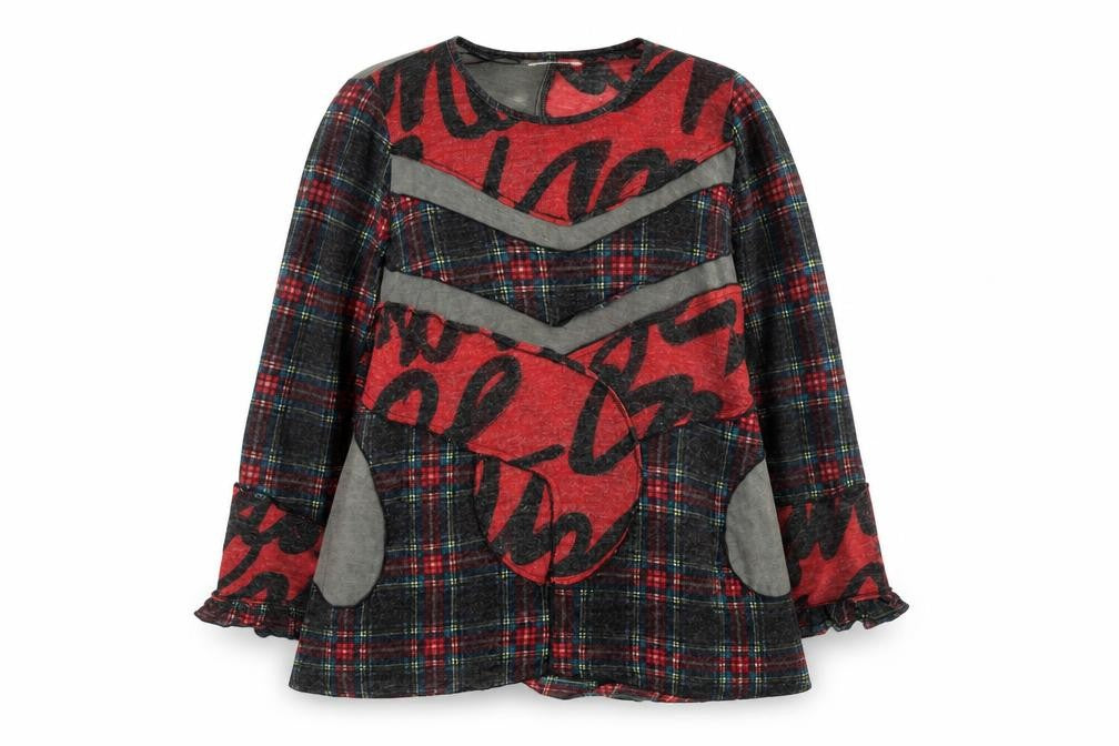 Gerard Womens Red Checked Patchwork Tunic Top Size 16 Wool Blend Long Sleeve