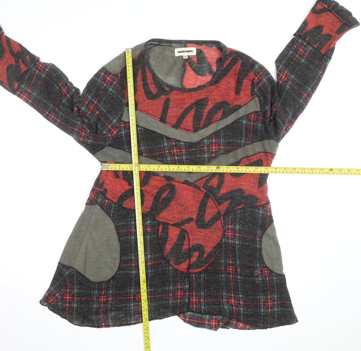 Gerard Womens Red Checked Patchwork Tunic Top Size 16 Wool Blend Long Sleeve