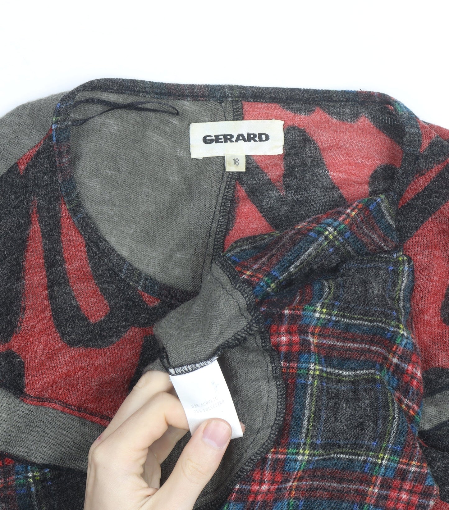Gerard Womens Red Checked Patchwork Tunic Top Size 16 Wool Blend Long Sleeve