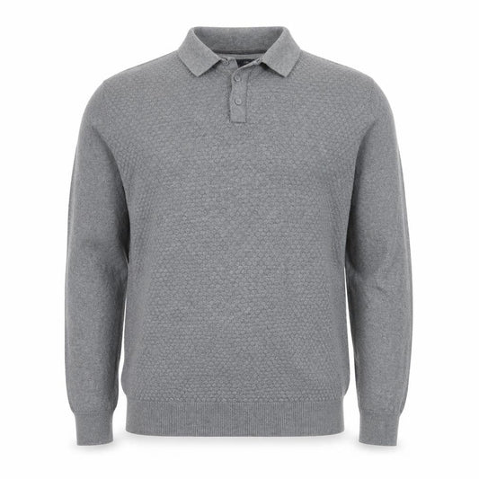 Front view of Easy Men's Grey Collared Cotton Henley Jumper, size M