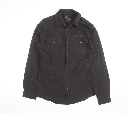 River Island Men's Black Striped Cotton Long Sleeve Button-Up Shirt M