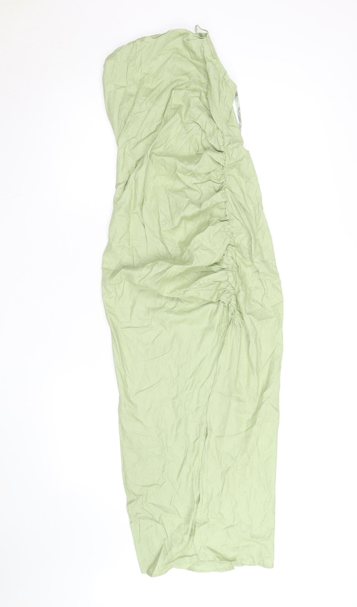 Zara Women’s Green Linen One Shoulder Ruched Midi Dress Size 8