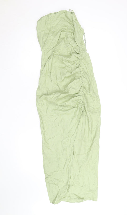 Zara Women’s Green Linen One Shoulder Ruched Midi Dress Size 8