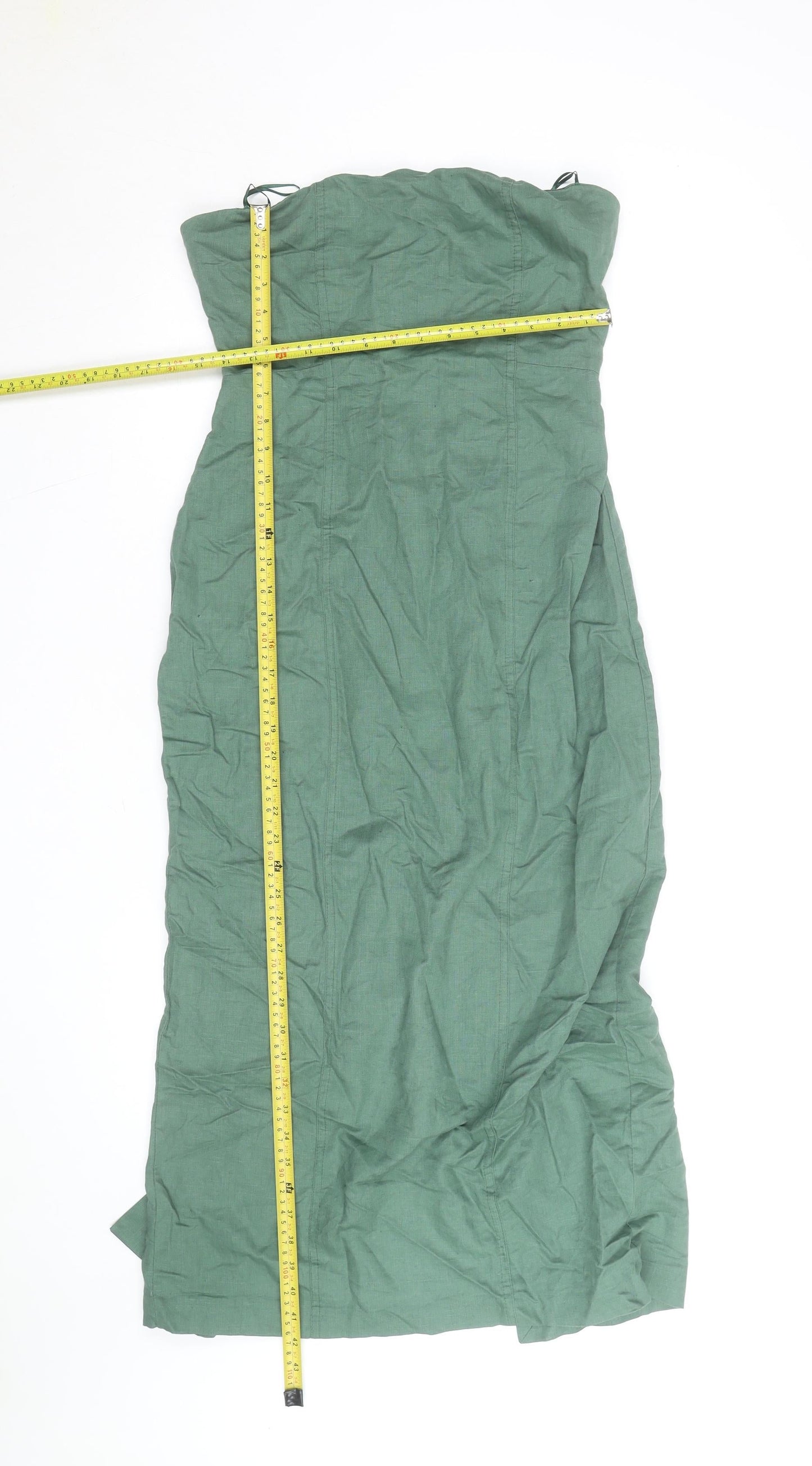 Zara Women Green Linen Blend Strapless Midi Bodycon Dress Size 10