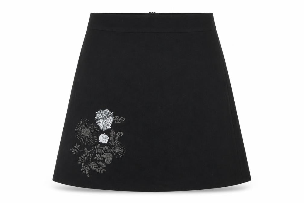 Wallis Women’s Black Embroidered Wool A-Line Knee Length Skirt Size 18
