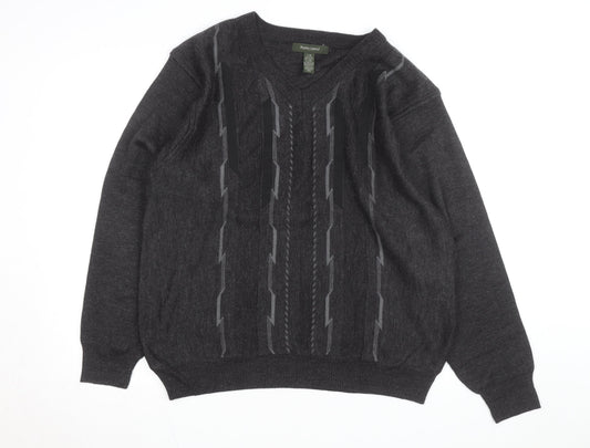 Pronto Uomo Men's Grey V-Neck Geometric Knit Wool Blend Jumper L