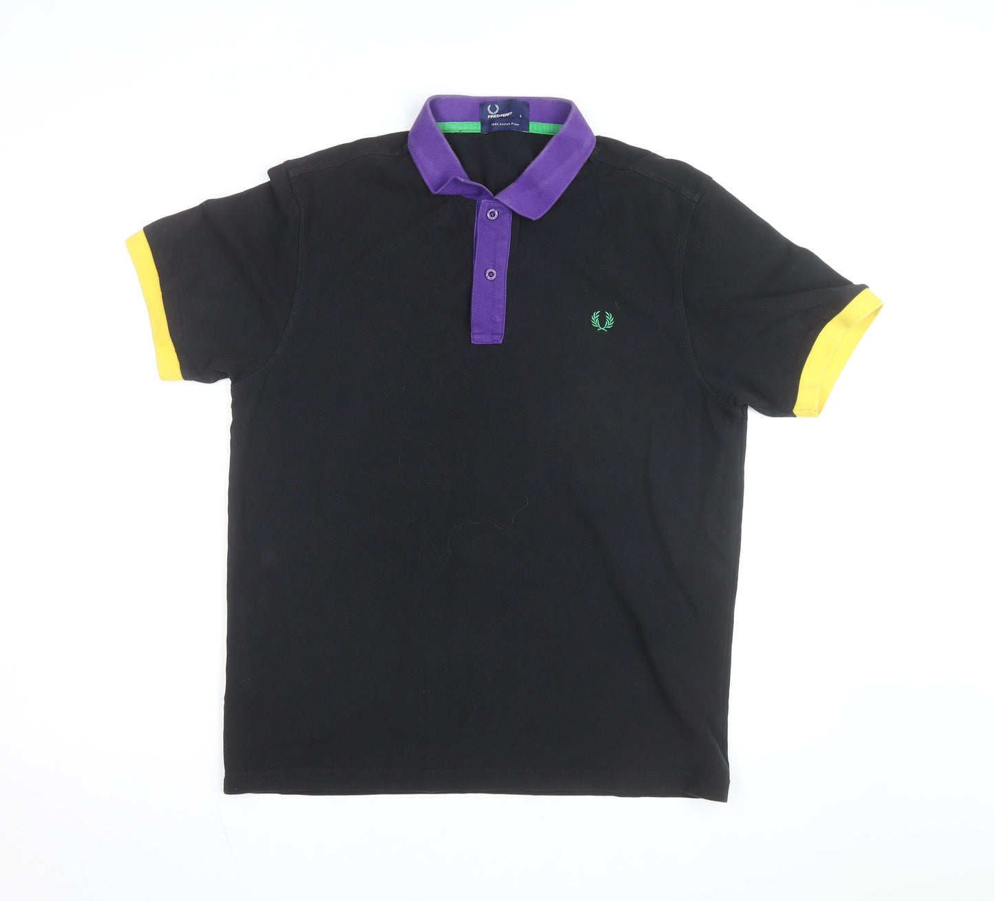 Fred Perry Men's Black Polo Shirt L - Contrast Purple Collar & Yellow Cuffs